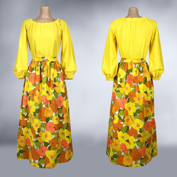 VINTAGE 70s Flower Power Maxi Skirt and Balloon Sleeve Blouse Set Handmade - Picture 2 of 9